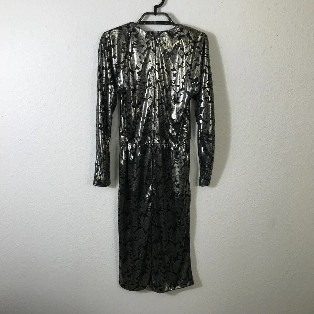 Vintage 80s Homemade Silver Lame Dress XS Paisley Lame Long Sleeve Semi Sheer‎